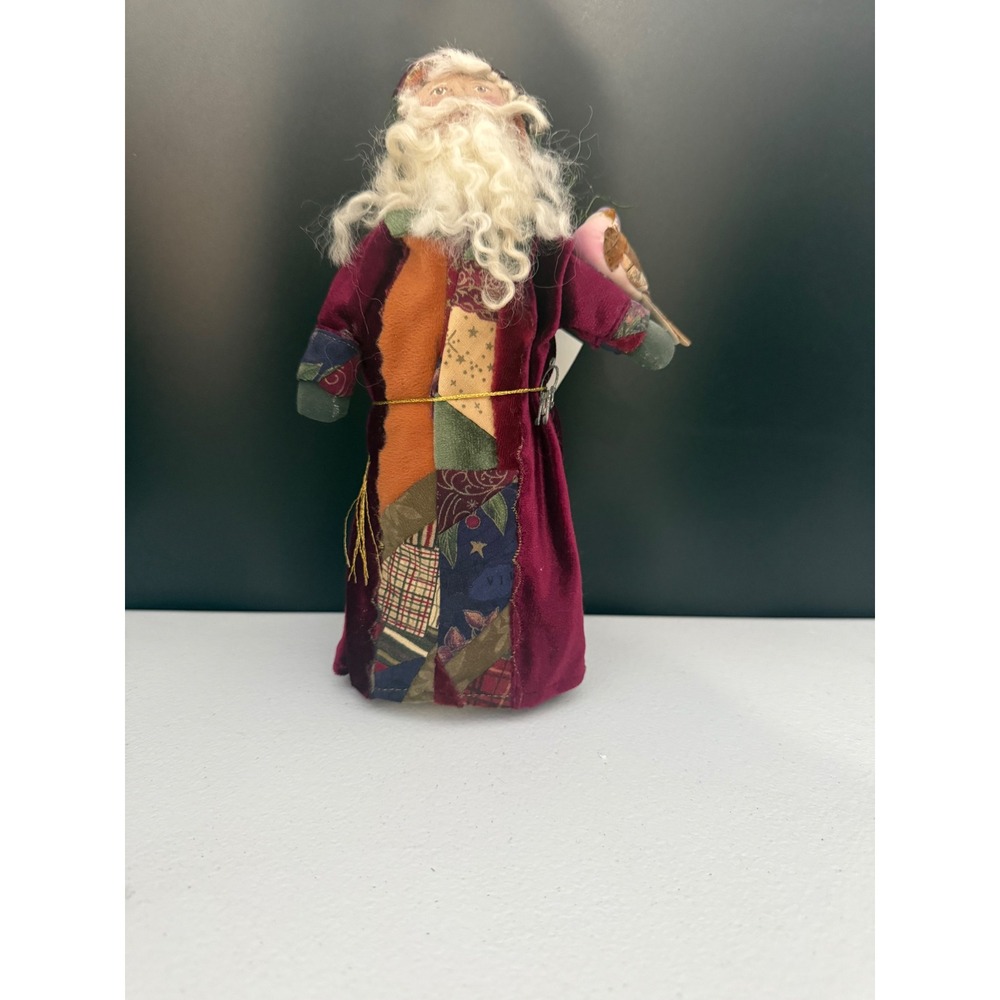 Glorias Santas Folk Art Patchwork Santa Figurine Hand Sculpted Burgundy Velvet